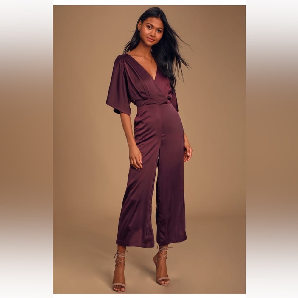New Lulus Kiss Me Now Plum Purple Satin Short Sleeve Wide-Leg Jumpsuit